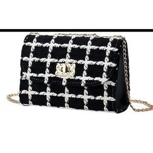 Women's Sm Evening Clutch Fancy Bag Black White, And Gold With Chain Strap Purse